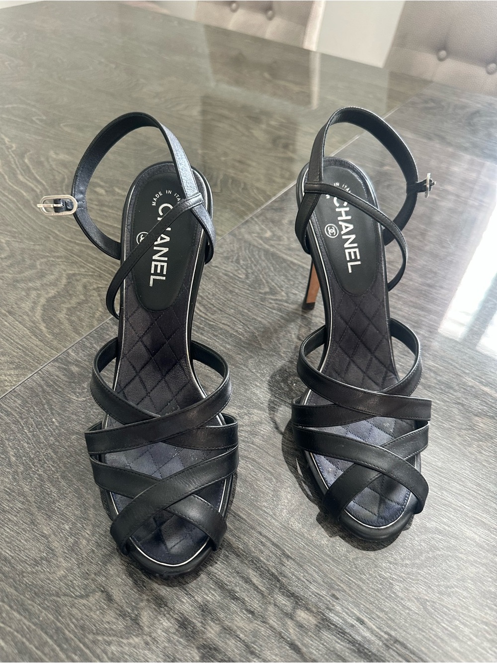 CHANEL Black Leather Crisscross High Heel Sandals